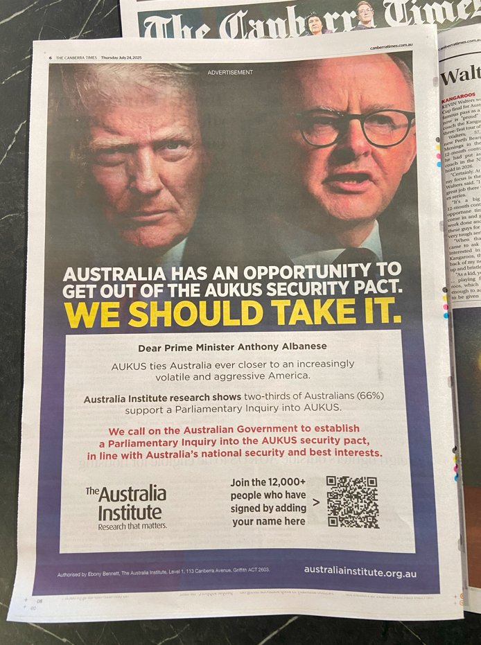 The AUKUS deal ties Australia closer to an increasingly volatile and aggressive America.

When over two thirds of Australians supporting a Parliamentary inquiry into AUKUS, we should take this chance to escape this disastrous AUKUS deal.

#auspol