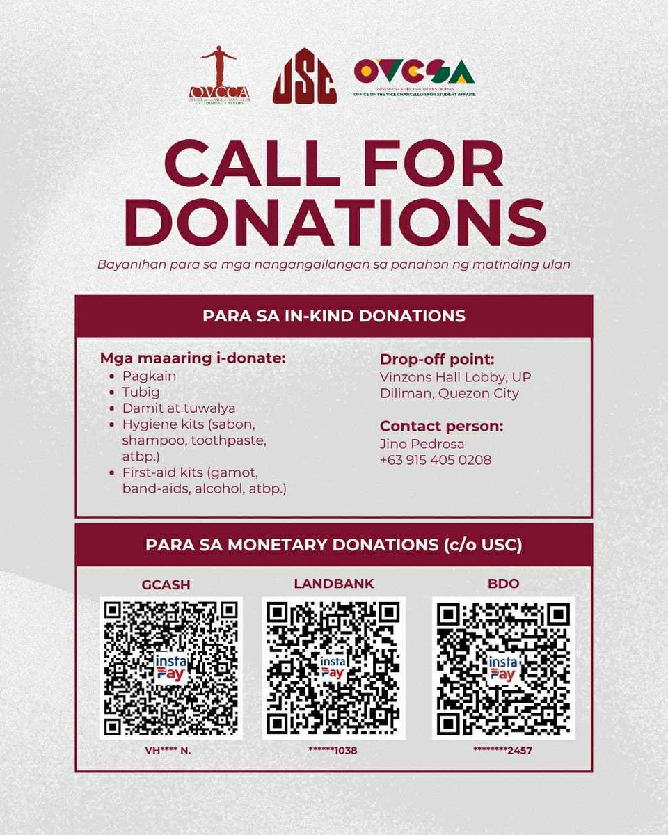 upsystem's tweet image. The @OVCCA_UPD, @updilimanovcsa, and @USCUPDiliman, are accepting donations for those who have been affected by the Southwest Monsoon (Habagat).

Please check their announcement here for more details: facebook.com/ovcca/posts/pf…