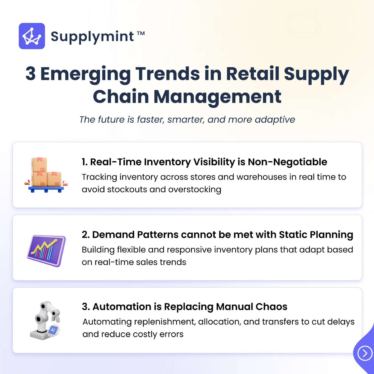 supplymint's tweet image. Retail brands winning today are moving smarter — not just faster.

✅ Live stock visibility
✅ Dynamic planning &amp;gt; static forecasting
✅ Automated allocation &amp;amp; replenishment

Scale smart with Allokator by Supplymint: 
supplymint.com/products/allok…

#Retail #SupplyChain #Supplymint #SaaS