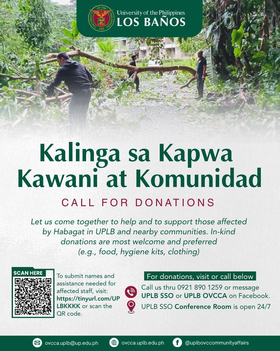upsystem's tweet image. The Office of the Vice Chancellor for Community Affairs of @UPLBOfficial is accepting donations for those affected by the continuing Southwest Monsoon rains.

Please check their announcement here for details: facebook.com/uplbovccommuni…