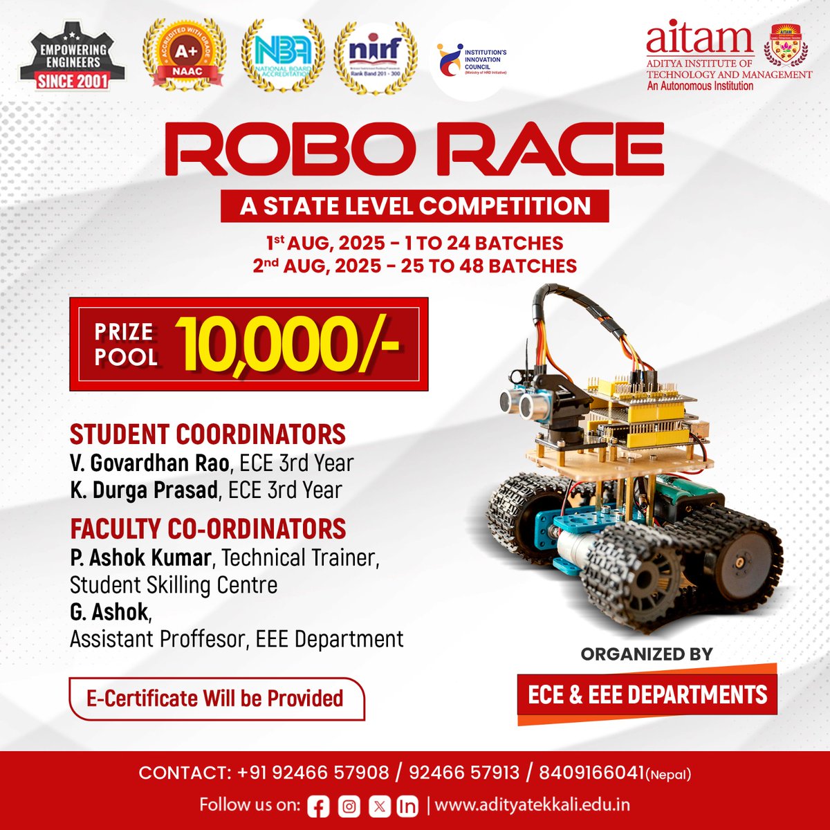AitamOfficial's tweet image. Gear up for a state-level clash of tech, talent, and tenacity! This isn’t just a race - it’s the rise of a robotics revolution. Let the countdown to greatness begin!

#aitam #aitamtekkali #roborace #roboracecompetition #botchampionship #racetoinnovate #stateleveltechevent