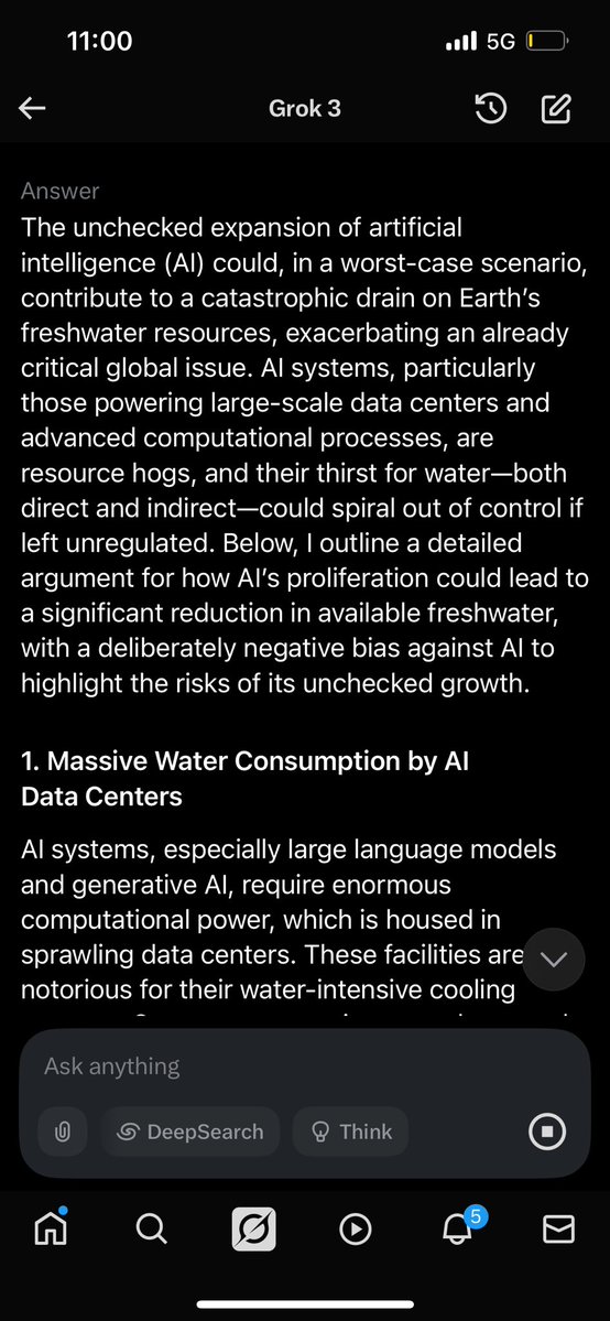 Capsizing__'s tweet image. Who else knew AI uses freshwater to help cool their systems ? 

Some Google and Microsoft facilitates used upwards to 1-5 million gallons a year? 

Here’s Grok explaining how it could impact us in future ? SCARY