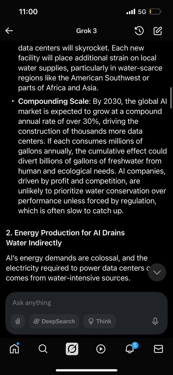 Capsizing__'s tweet image. Who else knew AI uses freshwater to help cool their systems ? 

Some Google and Microsoft facilitates used upwards to 1-5 million gallons a year? 

Here’s Grok explaining how it could impact us in future ? SCARY