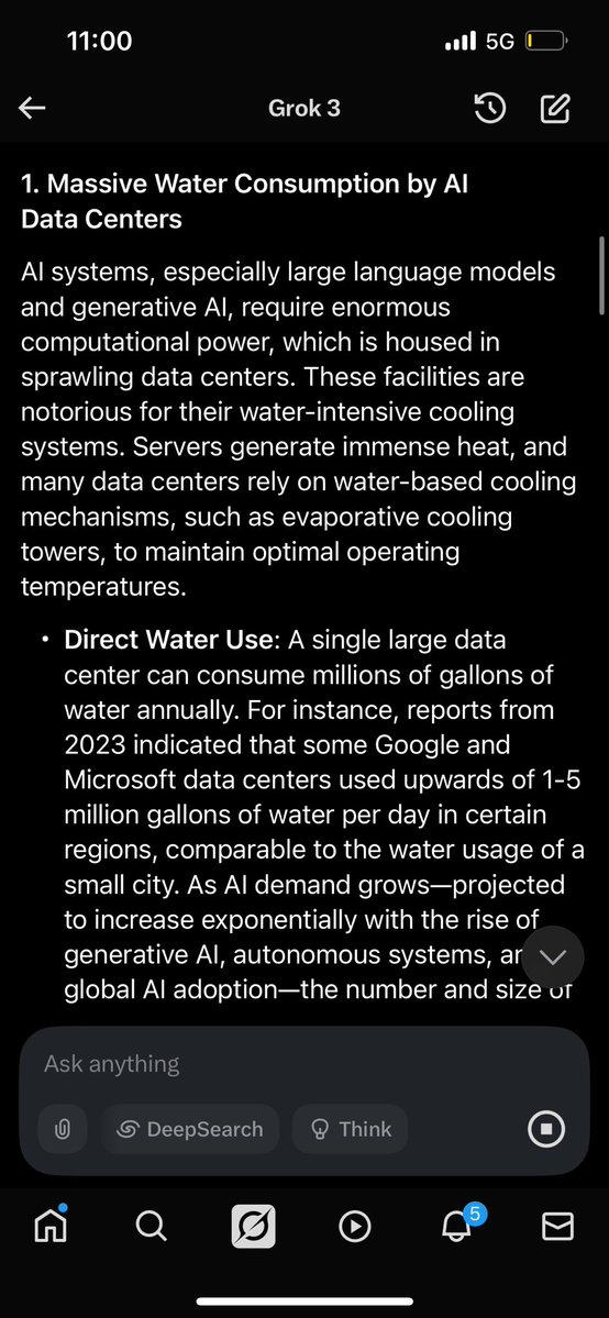 Capsizing__'s tweet image. Who else knew AI uses freshwater to help cool their systems ? 

Some Google and Microsoft facilitates used upwards to 1-5 million gallons a year? 

Here’s Grok explaining how it could impact us in future ? SCARY