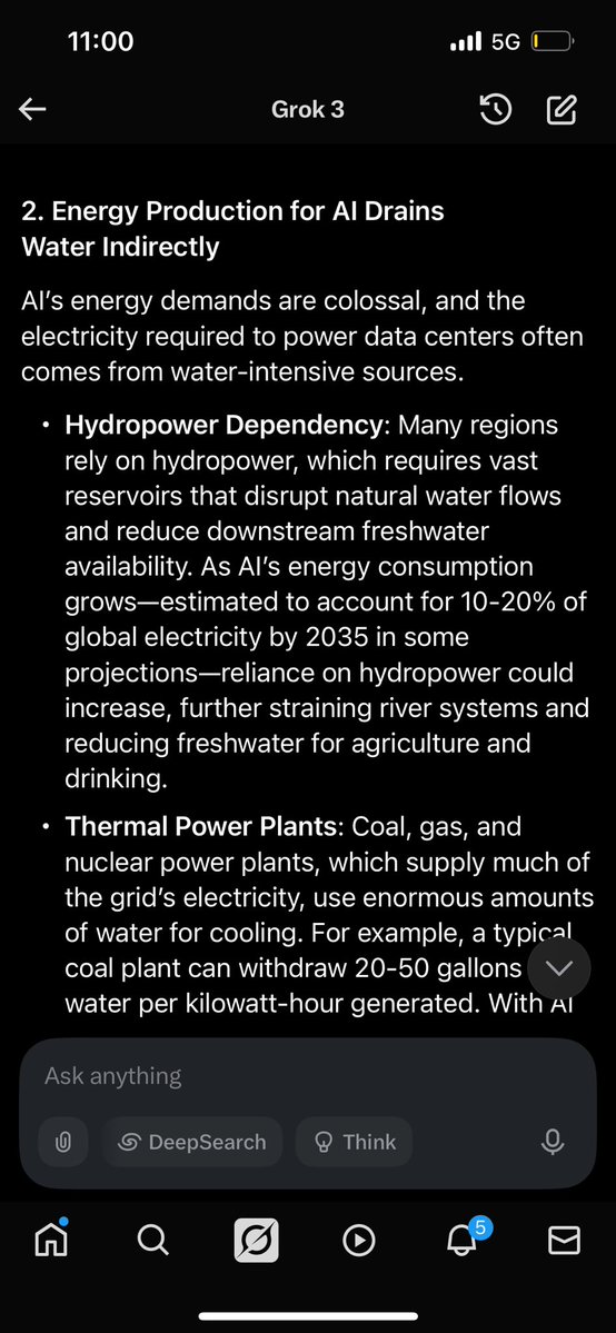 Capsizing__'s tweet image. Who else knew AI uses freshwater to help cool their systems ? 

Some Google and Microsoft facilitates used upwards to 1-5 million gallons a year? 

Here’s Grok explaining how it could impact us in future ? SCARY