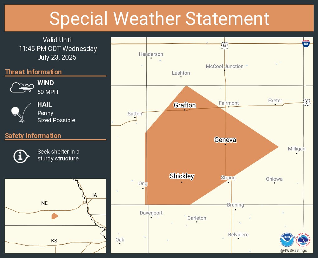 NWSHastings's tweet image. A special weather statement has been issued for Geneva NE, Shickley NE and Grafton NE until 11:45 PM CDT