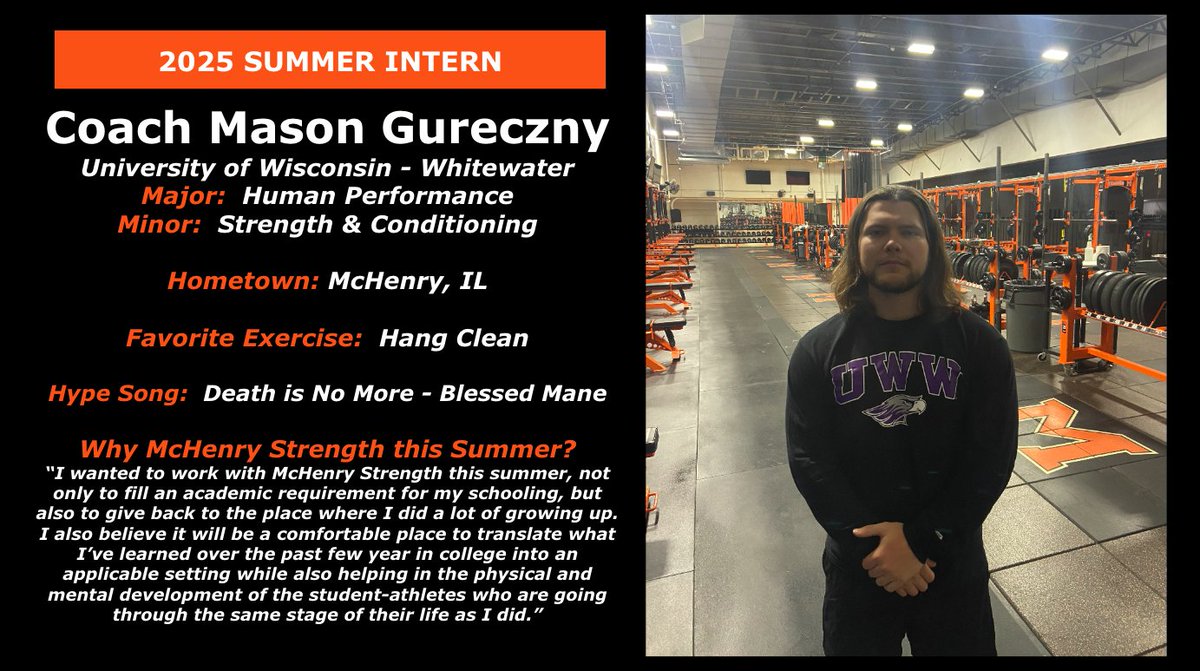 McHenryStrength's tweet image. Recognizing our 2025 Summer Intern Mason Gureczny (UW-Whitewater). Coach Gureczny served 200+ hours over the summer with our MCHS Strength & Conditioning Program. Great Job & Thank You! #warriorpride156.