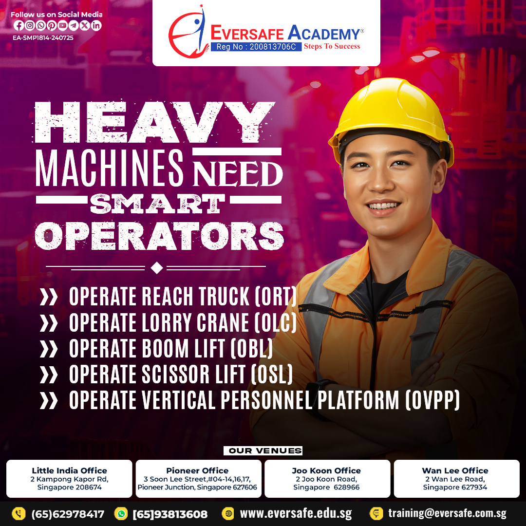 EversafeAcademy's tweet image. Master the Machines: Become a Certified Operator with Eversafe  |  EVERSAFE Academy® Singapore !
📲 WhatsApp: 📱 bit.ly/3JKmp0J

🖥️ Website: 🌐 eversafe.edu.sg/eversafe-acade…
#HeavyMachinery #MachineOperator #WSHCourses #EversafeAcademy #SingaporeSkills #BoomLiftTraining