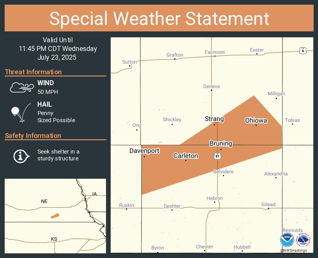 NWSHastings's tweet image. A special weather statement has been issued for Davenport NE, Bruning NE and Ohiowa NE until 11:45 PM CDT