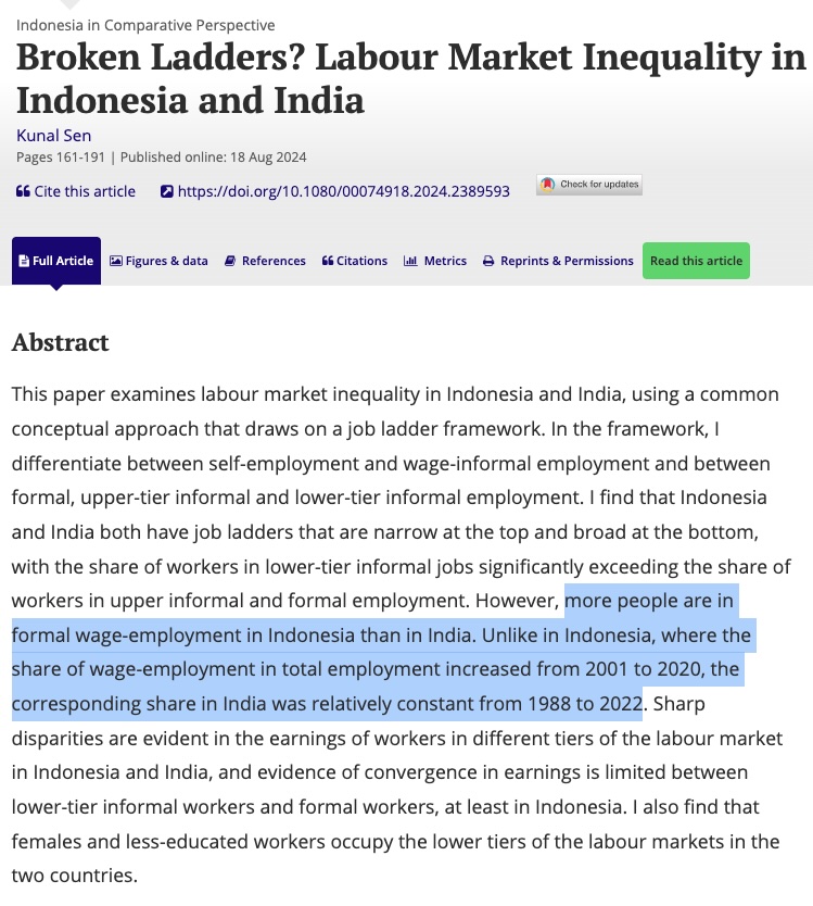Indonesia is doing something better than India.

Between 1988 and 2020, India's informal employment % did not change at all, nor its inverse, wage employment %. By contrast, between 2001 and 2020, Indonesia did reduce informality &amp; increase wage work.