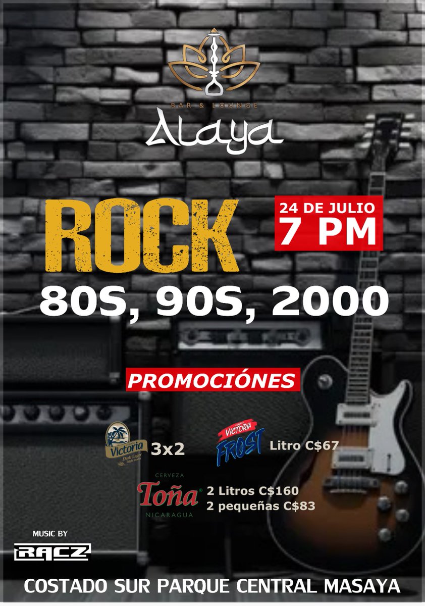 AlayaBar's tweet photo. 🎸 ¡Mañana 24 de julio es noche de ROCK en Alaya! 🎶

🔥 PROMOS:

Victoria Dark Lager 3x2

Victoria Frost Litro C$67

Toña: 2 litros por C$160 | 2 pequeñas por C$83

🎧 Música a cargo de DJ RACZ

📍 Costado sur del Parque Central, Masaya

#RockNight #AlayaBar #MasayaViveElRock https://t.co/kB2rW7RzrA