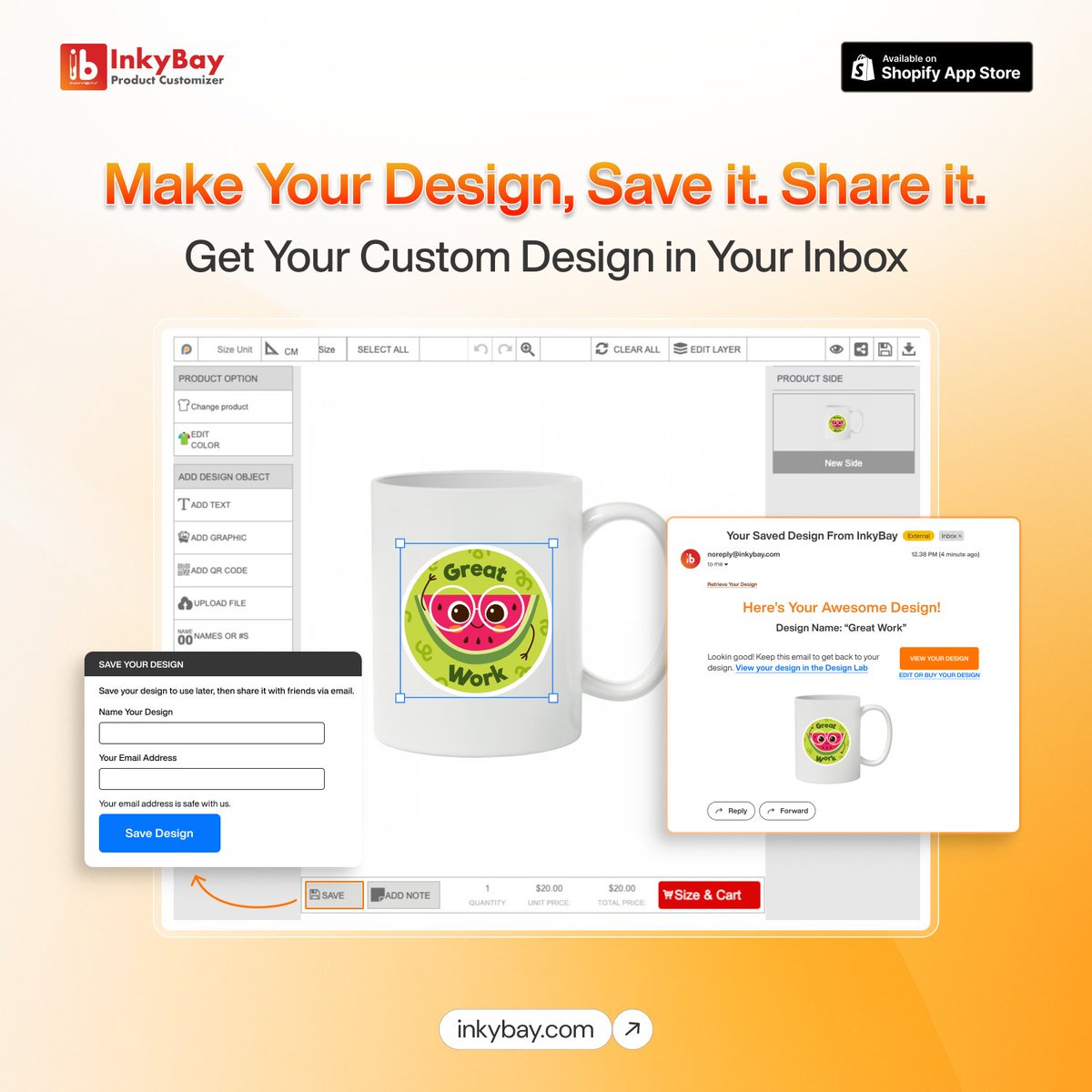 🖱️ 𝗗𝗼𝗻'𝘁 𝗳𝗼𝗿𝗴𝗲𝘁 𝘁𝗼 𝘃𝗶𝗲𝘄 𝘁𝗵𝗲 𝗦𝗮𝘃𝗲𝗱 𝗗𝗲𝘀𝗶𝗴𝗻! 𝗦𝗵𝗮𝗿𝗲 𝗻𝗼𝘄!

With InkyBay, your customers can save their custom designs, and you get these designs right on your InkyBay dashboard!

Every saved design lands in your inbox, ready to print and profit.