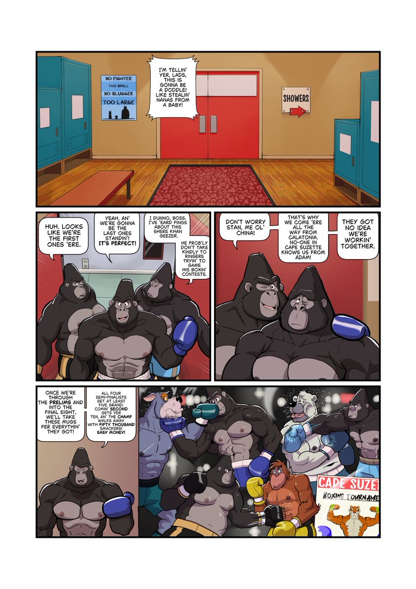 Through The Ringers
Page 1 of 8
In which the Calatonia Crew – "Big Daddy" Marcus, Stan and Barry – arrive in Cape Suzette with a plan to punch money out of unsuspecting rubes.
Words: Me
Pics: <a href="/Nanothehedgehog/">Hunter(commissions open)</a> 
#BoxingGorillaDay #ThroughTheRingers