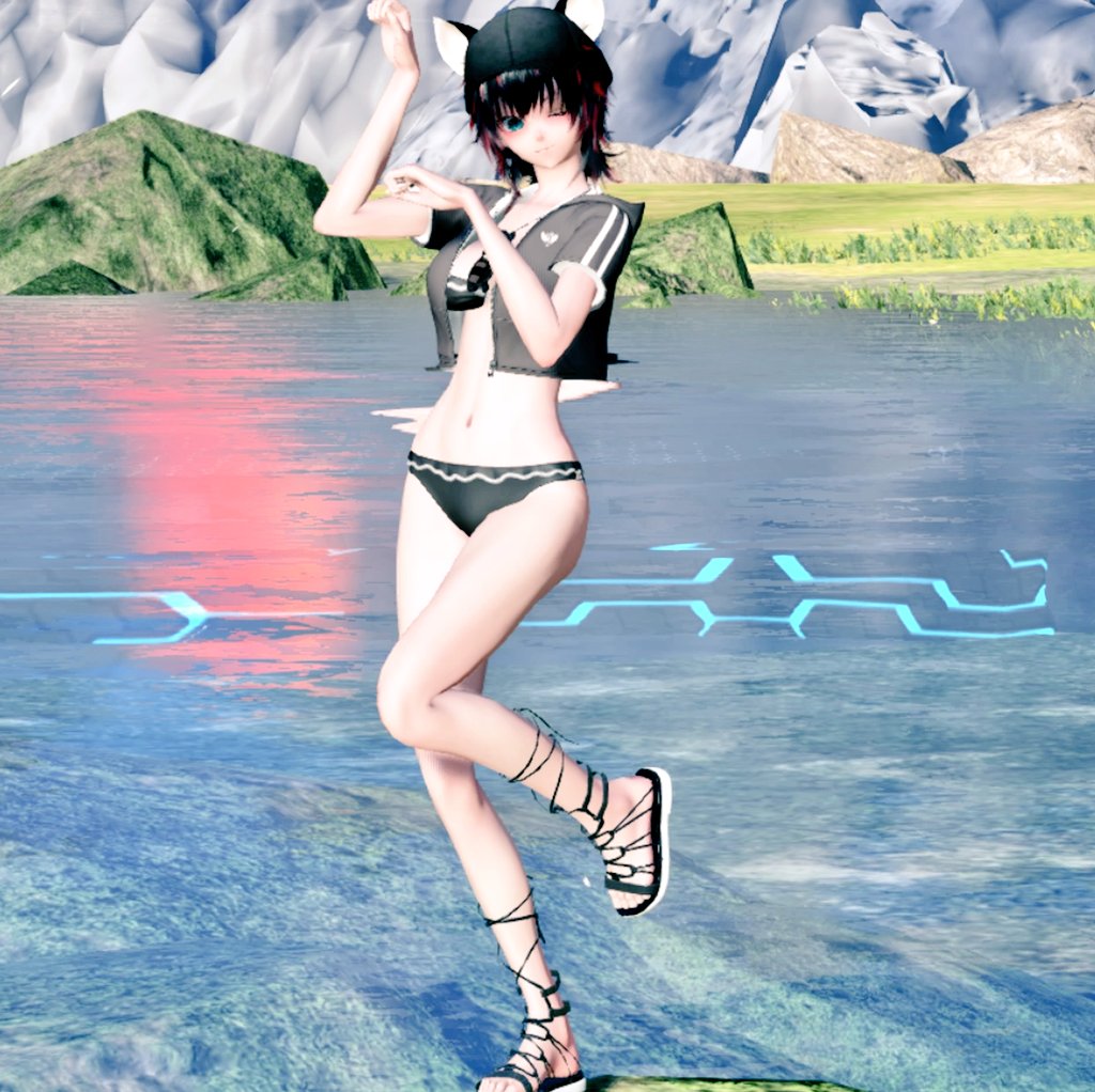 GAI0031's tweet image. まずアウターでショートパーカーも着せたやつ👙
帽子にはツインテール&amp;amp;獣耳用の穴がちゃんと空いてるやつ🧢
#PSO2NGS_SS