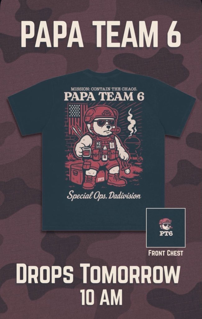 Our 1st edition Papa Team 6 shirt drops tomorrow morning at 10AM CT

Basically our uniform

Be ready to buy on BWTB.com