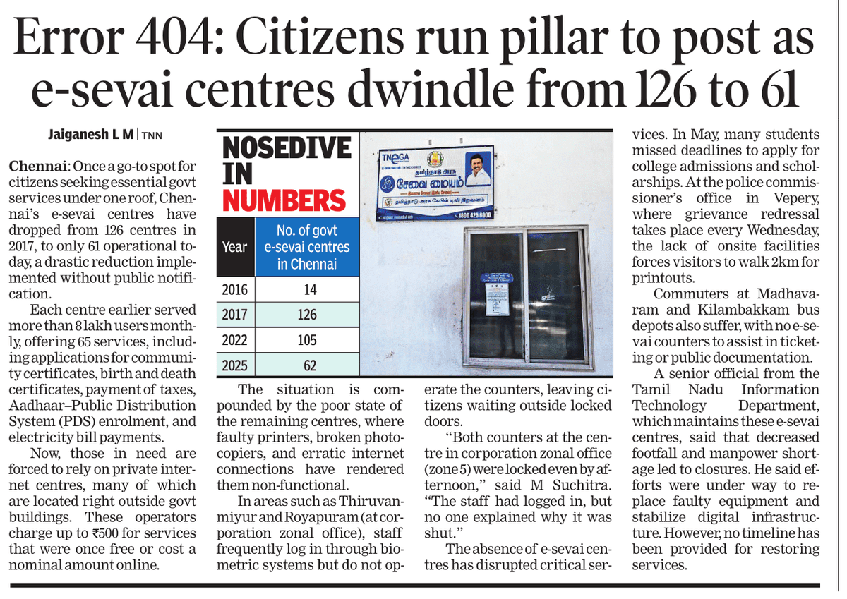 jai_lm's tweet image. Are e-Sevai centers in Tamil Nadu shrinking? Reports suggest a drop from 126 to 61 centers in Chennai alone! If true, what’s happening in other parts of TN? Are digital services reaching rural areas, or is access being limited? Share your thoughts! #eSevai #DigitalGovernance