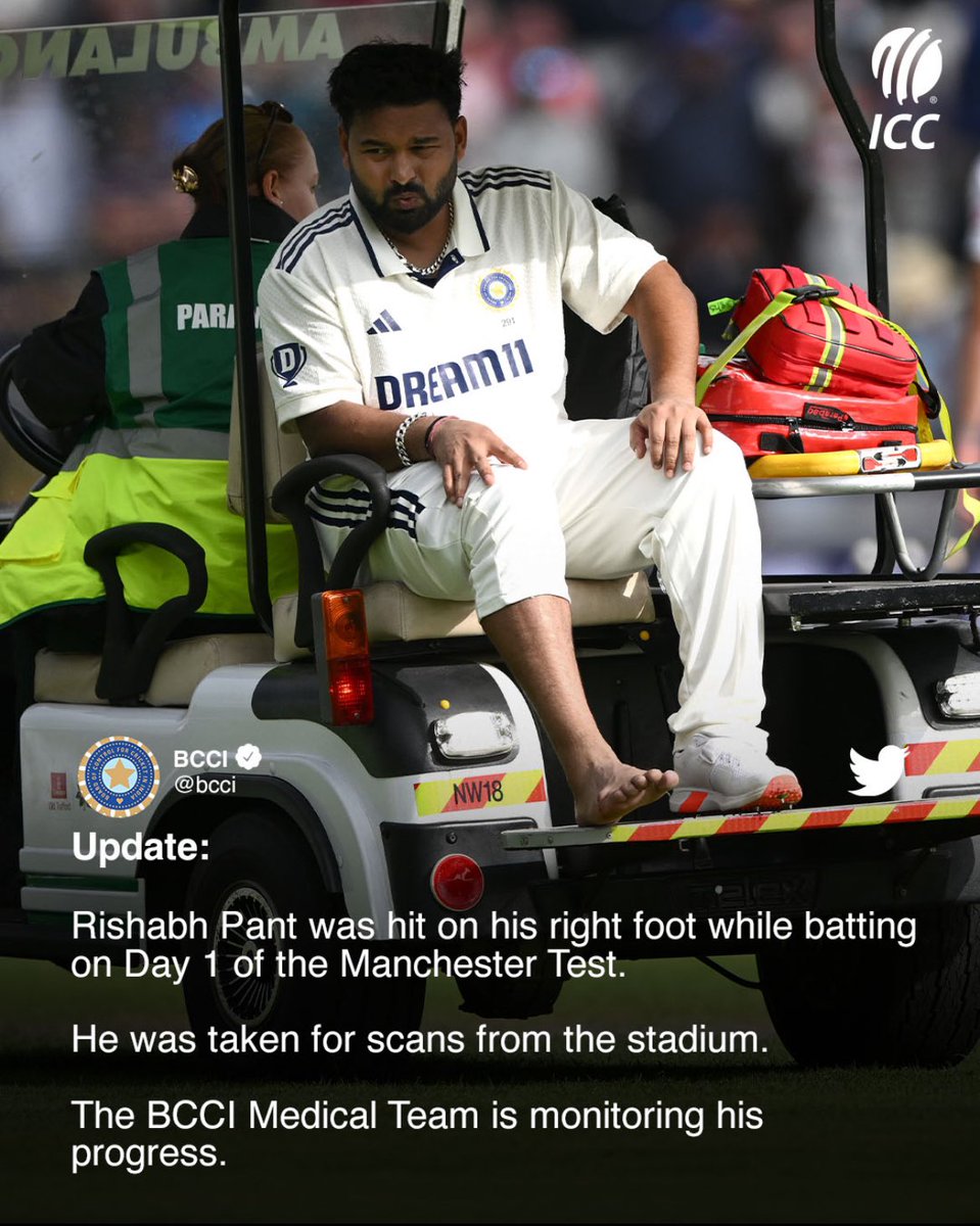 BCCI shared the latest on Rishabh Pant post the end of play on Day 1 in Manchester.

#WTC27 | #ENGvIND | More on the injury