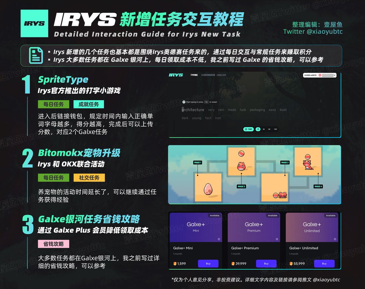 xiaoyubtc's tweet image. IRYS 任务教程和省钱攻略汇总
IRYS @irys_xyz 的生态项目 Arcade 跑路了,目前相关的游戏任务已经不能做了,IRYS官方团队会重新构建Arcade
最近,IRYS 也新增了几个任务,可以获得积分,需要持续交互,大多数任务都在 Galxe银河上,我之前写过省钱攻略,也一起放在本篇文章中,兄弟们可以抄抄作业…