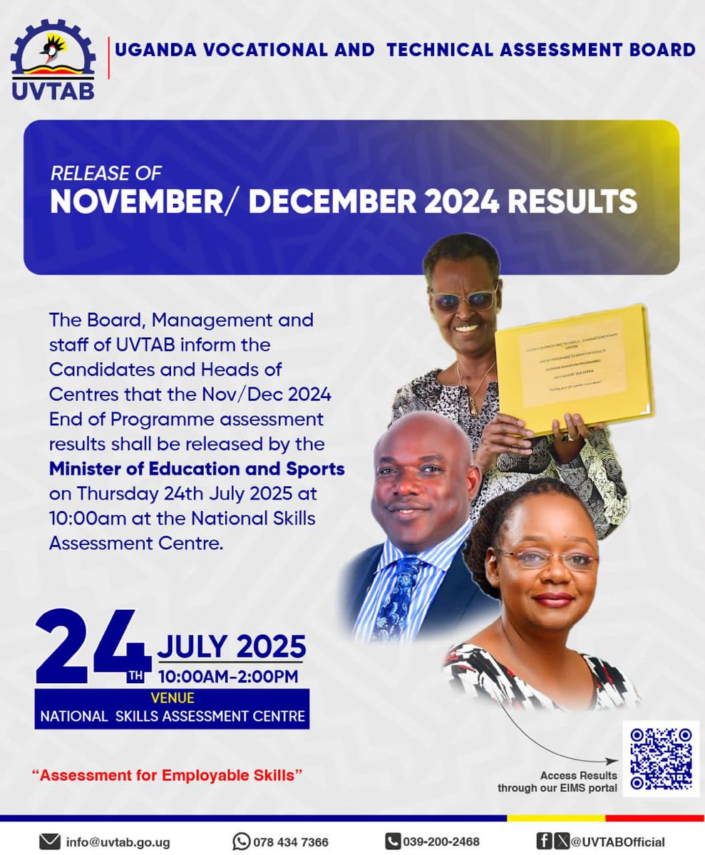 GCIC_SocialDevelopment (@gcic_socialdevt) on Twitter photo 📚The Minister of <a href="/Educ_SportsUg/">Ministry of Education and Sports - Uganda</a>, Hon. <a href="/JanetMuseveni/">Janet K Museveni</a>, will release the <a href="/UVTABOfficial/">Uganda Vocational and Technical Assessment Board</a> Nov/Dec 2024 End of Programme Assessment results today. 📚The Minister of <a href="/Educ_SportsUg/">Ministry of Education and Sports - Uganda</a>, Hon. <a href="/JanetMuseveni/">Janet K Museveni</a>, will release the <a href="/UVTABOfficial/">Uganda Vocational and Technical Assessment Board</a> Nov/Dec 2024 End of Programme Assessment results today.