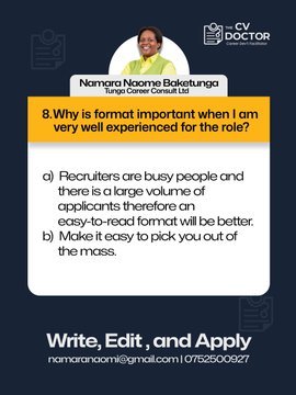 BaketungaNaome's tweet image. Even with all the experience, poor CV format can cost you the job!  
📌 Make it simple.  
📌 Make it scannable.  
📌 Make it count.  
#CareerTips #CVWriting #JobSearch #TheCVDoctor