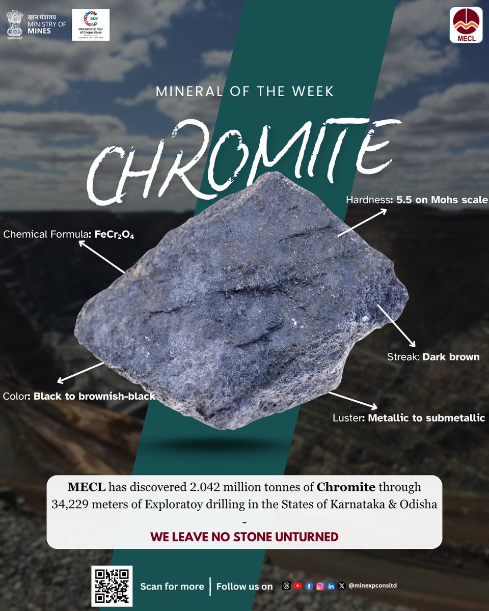 Through intensive and systematic exploration, MECL has established substantial Chromite resources  of 2.042 M.T. in the states of Karnataka and Odisha. The exploration endeavor continues to progress further.
#WeLeaveNoStoneUnturned #SustainableExploration #MineralOfTheWeek
