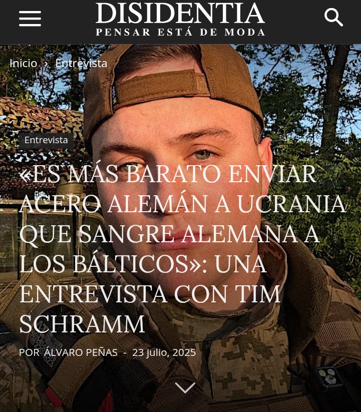 penas_alvaro's tweet image. "Es más barato enviar acero alemán a Ucrania que sangre alemana a los Bálticos". Mi entrevista con @ogschrammi, un joven político de @AfD que ha servido como voluntario en el ejército ucraniano, en @disidentia.
"El patriotismo de los ucranianos es algo que cualquier conservador…