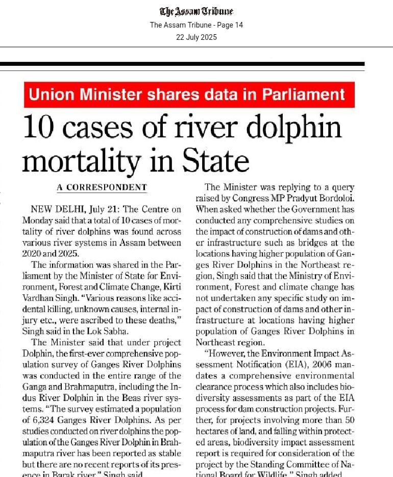 Pradyut Bordoloi (@pradyutbordoloi) on Twitter photo #TodayInParliament No conservation plan for endangered Brahmaputra river dolphins!
Assam witnessed 10 mortality cases of River Dolphins in the past 5 years, and has not received funds in the past 4 of 5 years for the conservation of Dolphins.
#ParliamentWithPradyut
<a href="/INCAssam/">Assam Congress</a> #TodayInParliament No conservation plan for endangered Brahmaputra river dolphins!
Assam witnessed 10 mortality cases of River Dolphins in the past 5 years, and has not received funds in the past 4 of 5 years for the conservation of Dolphins.
#ParliamentWithPradyut
<a href="/INCAssam/">Assam Congress</a>