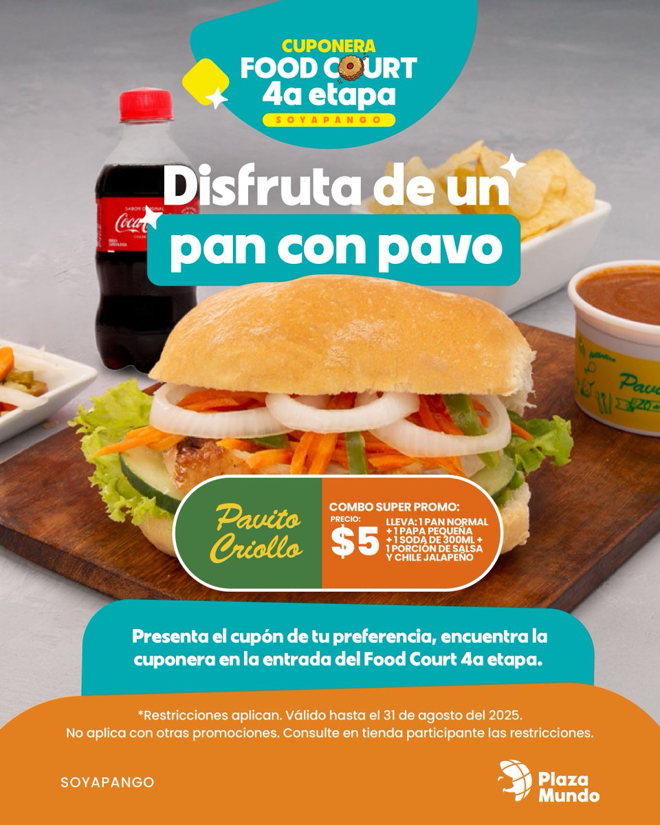 💵 Descuentos exclusivos en Food Court La Ceiba, 4a etapa de #PlazaMundoSoyapango.🍗🥖 Con esta cuponera podrás ahorrar y disfrutar de @pavitocriollo. 🦃

Solo debes presentar el cupón en físico en tu próxima compra. Encuentra la cuponera impresa en la entrada del 📍Food Court.