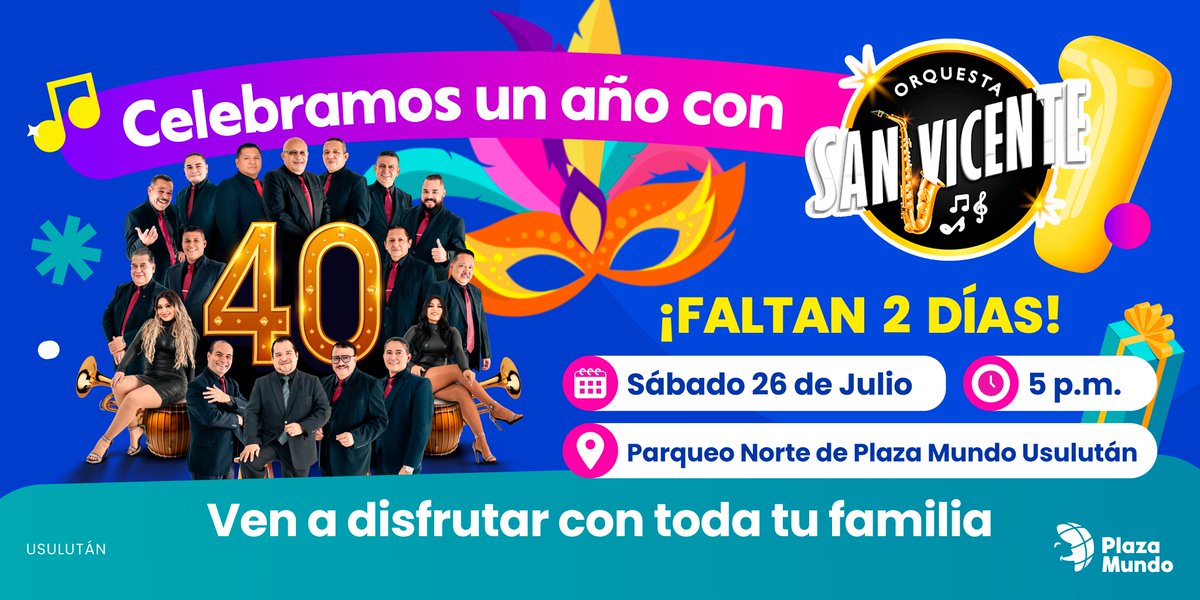 🎶🤩 El sábado 26 ven a bailar con #LaOrquestaSanVicente 💃 ¡Un momento para compartir en familia y celebrar nuestro primer año en #USULUTÁN! 🥳

🎁🎈 Te esperamos en #PlazaMundoUsulután para disfrutar juntos a las 5 p.m. ENTRADA GRATIS.