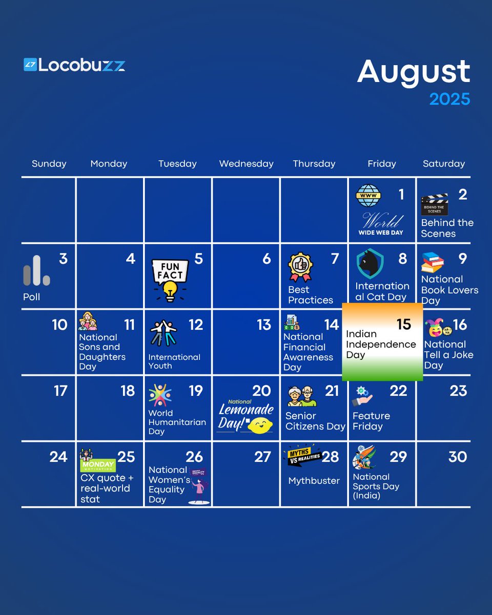 August's here, and your content calendar isn’t going to fill itself.

This is the perfect content calendar to help you stay organised and ahead of the game.

And when you’re ready to go live, Locobuzz has got your back. Schedule and publish posts on the fly, all while keeping