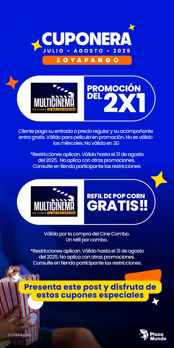 🎡 ¡Las vacaciones agostinas se acercan! 🍿🎬 Y un plan que no te puedes faltar es ir al cine a ver una película con tu familia a #PlazaMundoSoyapango. 🥰🎬 

📌 Encuentra la cuponera completa de #PlazaMundoSoyapango en nuestro sitio web: plazamundo.com.sv/soyapango/prom…