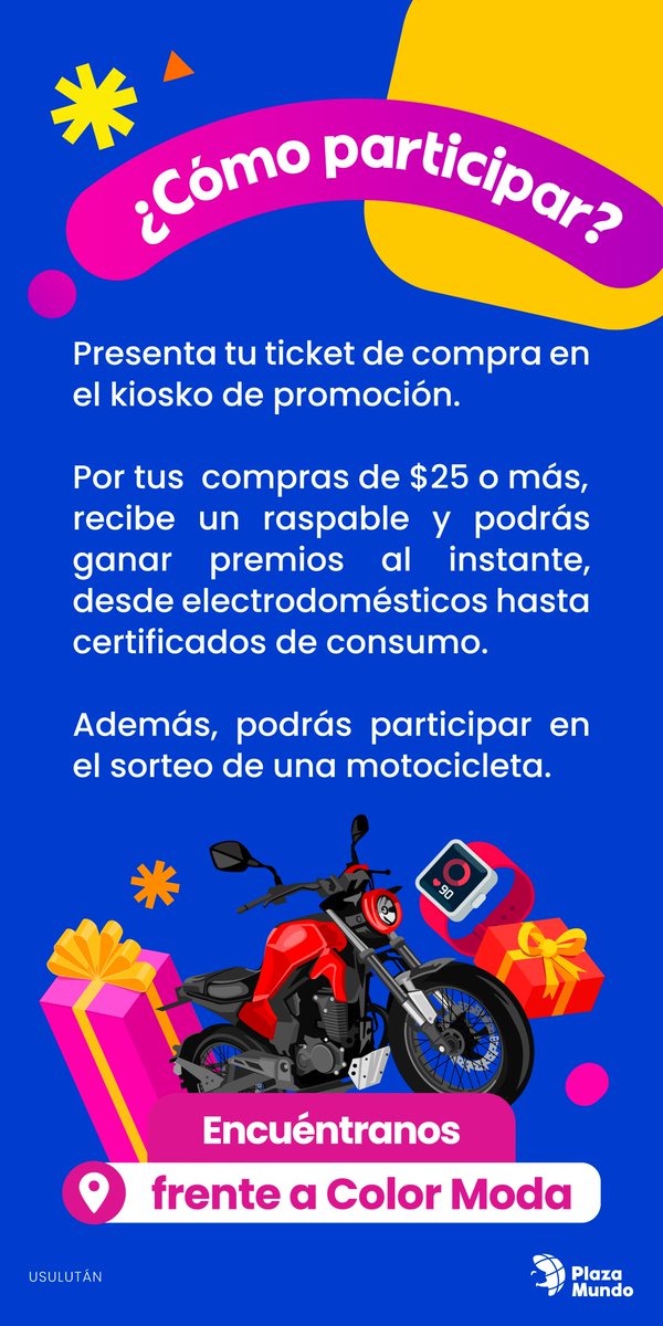 🎉 ¡Celebramos nuestro primer año en #PlazaMundoUsulután contigo! 🎉 Participa en nuestra promoción exclusiva y gana premios al instante.

📌 Encuentra toda la base de la promoción en nuestro sitio web: plazamundo.com.sv/usulutan/wp-co…