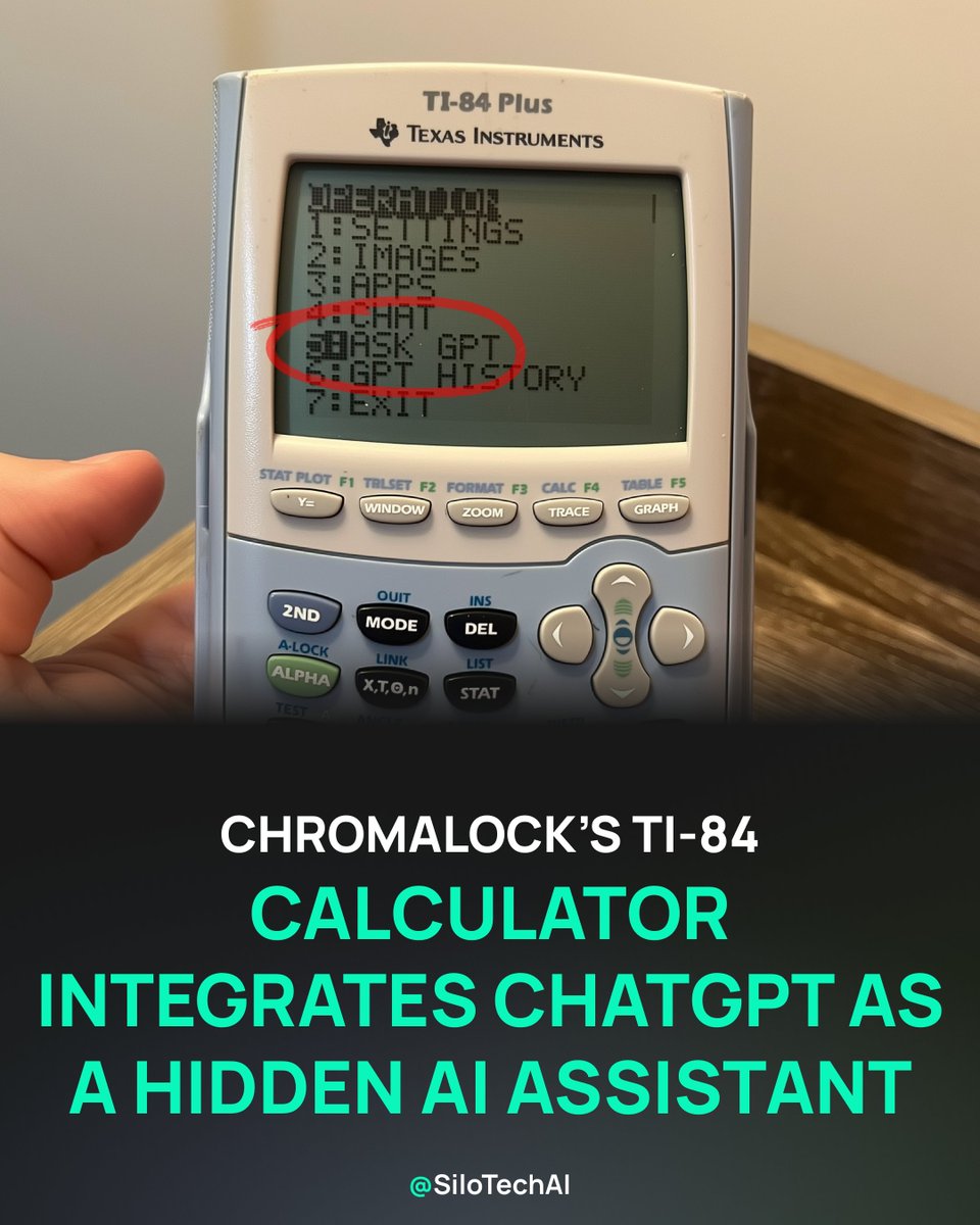SiloTechAI's tweet photo. 🖩 A modder transformed a TI-84 into an AI powerhouse with ChatGPT, Wi-Fi, and more. 

Using an ESP32-C3 chip and open-source firmware, it bypasses test mode, hides notes, and survives resets, looking stock. 

Queries run through cloud-based ChatGPT, not a local LLM. 

With 80% of students using calculators in exams, this raises ethical questions. 

Will this spark innovation or enable cheating?

📽️ Credits: gptcalculator on IG

Follow @SiloTechAI for cutting-edge AI hacks. 
#AI #ChatGPT #Calculators