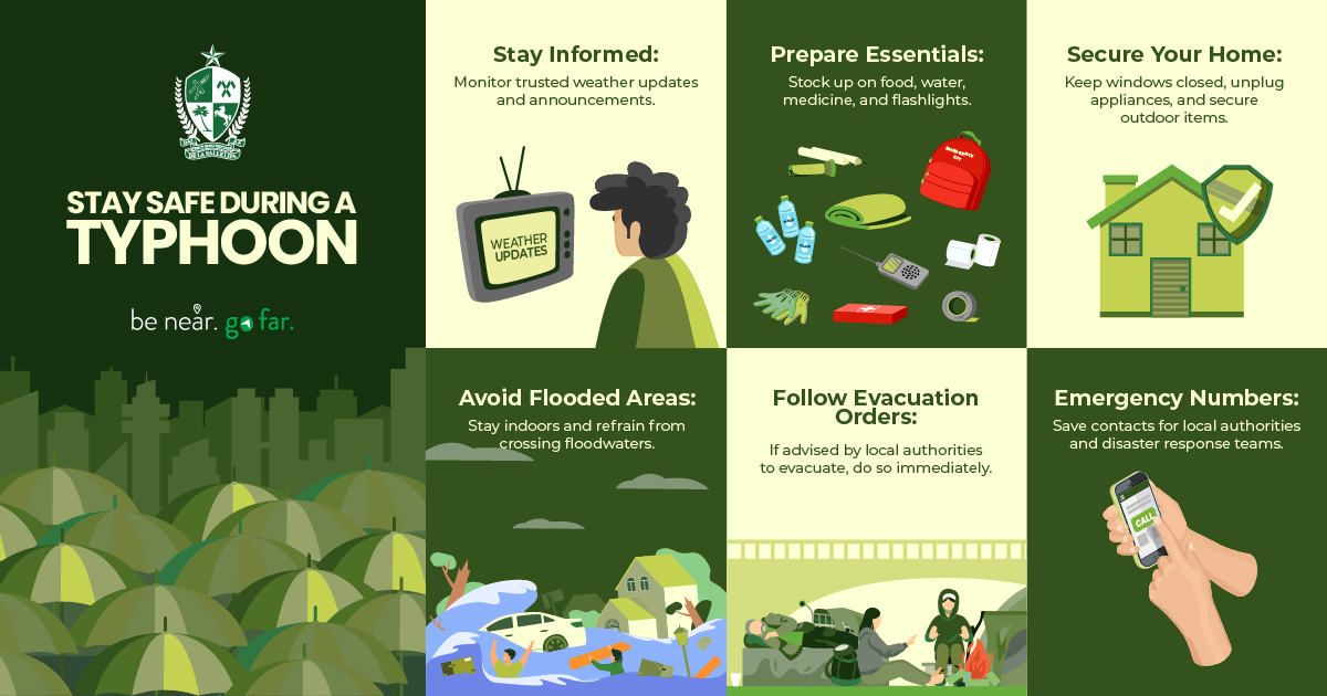 𝗧𝗬𝗣𝗛𝗢𝗢𝗡 𝗦𝗔𝗙𝗘𝗧𝗬 𝗥𝗘𝗠𝗜𝗡𝗗𝗘𝗥𝗦 🌧

Make sure you're prepared. Check out the image for
practical tips to help keep you and your loved ones
safe before, during, and after the typhoon.

Stay safe, everyone! 💚

#BeNearGoFar #SafetyReminders