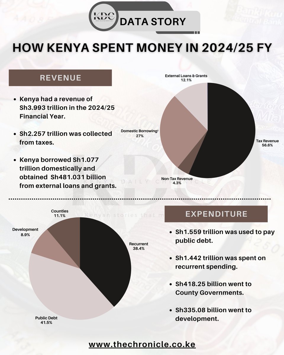 KenyaChronicle's tweet image. Kenya's 2024/25 Financial Year at a Glance: Where the Money Came From and Where it Went.