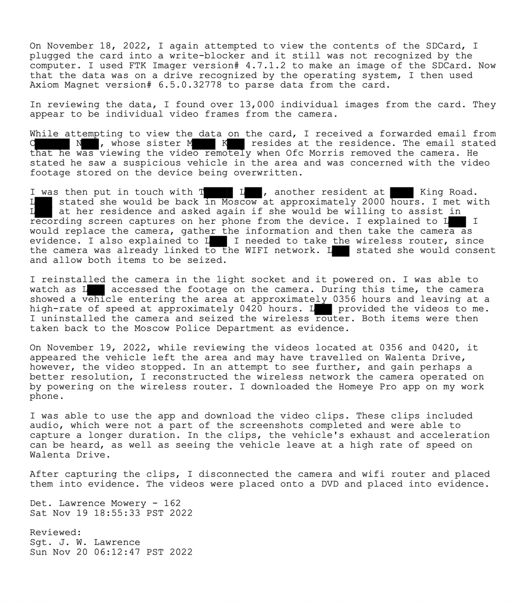 rise4thespiral's tweet photo. #Breaking - #Supplemental #Narrative - here is the first mention of the #vehicle entering the neighborhood, and leaving at a #high rate of #speed thereafter. Obtained from the #1122kingrd neighbors.
#kohberger #bryankohberger #idaho #idaho4 #policereport #moscow #camerafootage https://t.co/vHEI2XQLGy