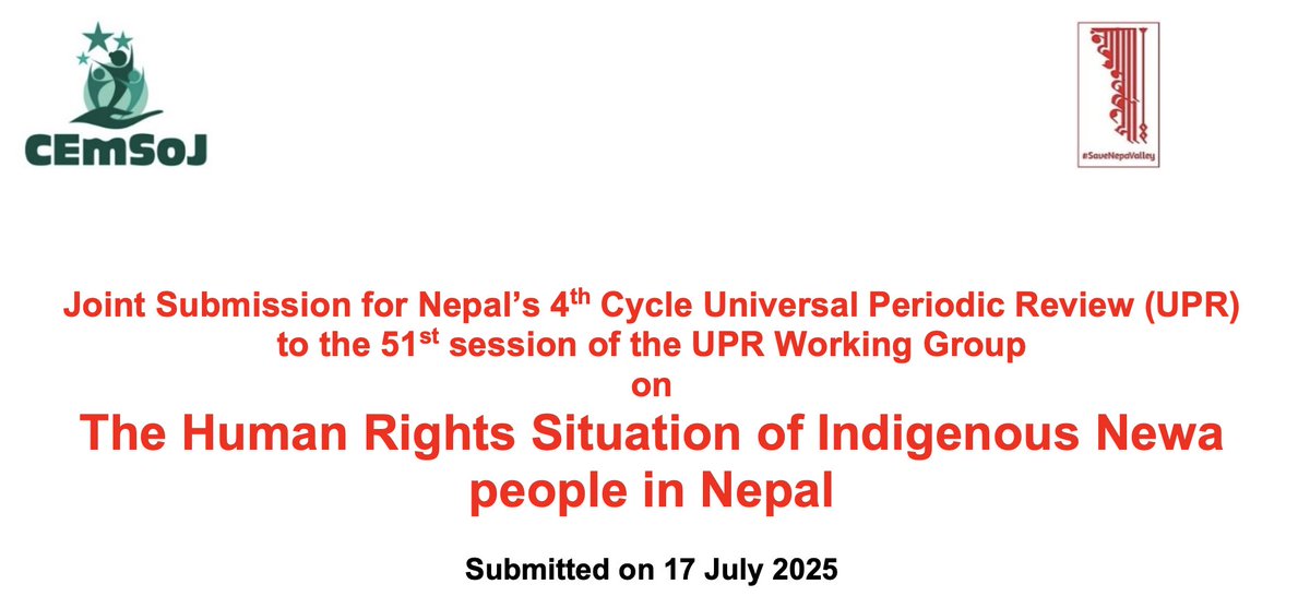 CEMSOJ's tweet image. READ 🗣️ : &quot;Joint submission on the human rights situation of Indigenous Newa communities made to the UN for the 4th Universal Periodic Review of Nepal&quot;

Link 🔗 : lnkd.in/gHSVC9i7