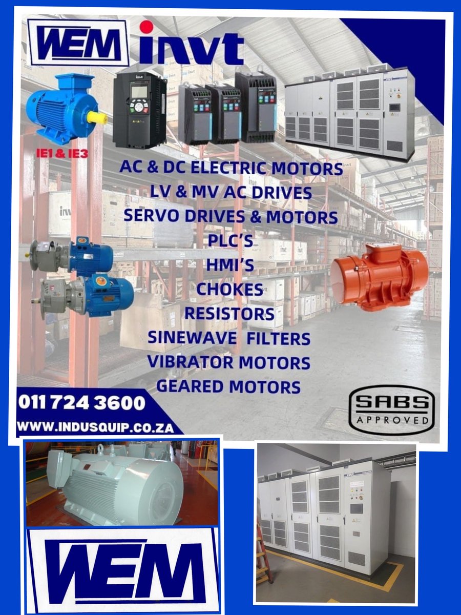 💥💥 Breakdowns - New Projects Massive Energy Saving 💥💥 

 NEED IT “EX STOCK” – CONTACT US 
 New WEM Electric Motors and New INVT AC Drives 
 
Lower Prices – Higher Quality – 39 000 Units Ex Stock – Expert Technical Backup###

Email us at sales@indusquip.co.za