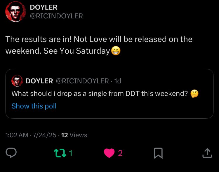 DoylerQuotes's tweet image. 🚨 DOYLER DROPPING SINGLE 🚨
SINGLE IS CALLED “Not Love”
DROPPING SATURDAY ⏰ 👀
@RICINDOYLER