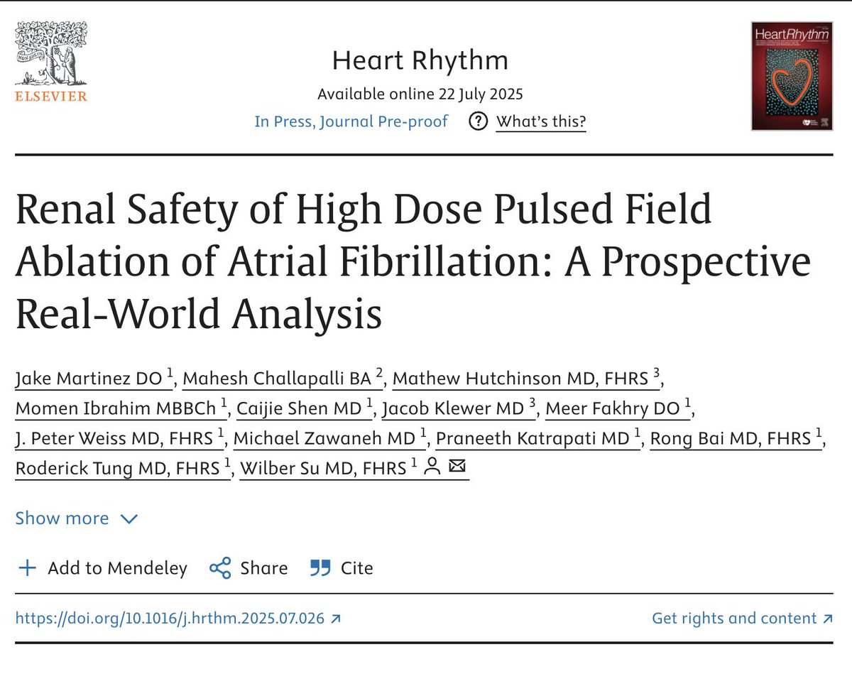 Congrats to our team, led by Jake Martinez and <a href="/bairong74/">Rong Bai</a> – on detailing our PFA experience with systematic hemolysis monitoring <a href="/hrs_journal/">HeartRhythm</a> 

Renal Safety of High Dose Pulsed Field Ablation of Atrial Fibrillation. 
sciencedirect.com/science/articl…