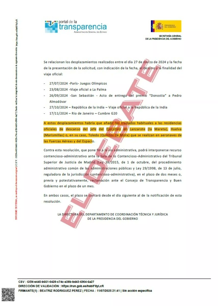 Moncloa confiesa que Begoña Gómez usa el Falcon para viajes personales y tiene pasaporte diplomático