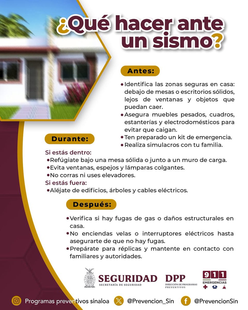 ¿Tembló en tu zona? 🌎
Desde la Dirección de Programas Preventivos te recordamos:
⚠️ Sigue las indicaciones de Protección Civil
📢 Infórmate por fuentes oficiales
💡 La prevención puede salvar vidas 

#Sismo #ProtecciónCivil <a href="/sinaloagobmx/">Gobierno del Estado de Sinaloa</a>