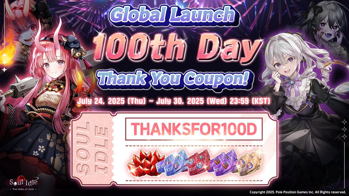SoulIdleGirls's tweet photo. 🎉Global Launch 100-Day Thank You Coupon! 🎉

Hello, Survivors! It’s already been 100 days since the global launch of Soul Idle! 
To celebrate, we’ve prepared a special coupon to mark this achievement!

Check the official Discord for more details 
▶ https://t.co/h5AEujNf8V https://t.co/4NXWVxKCN2