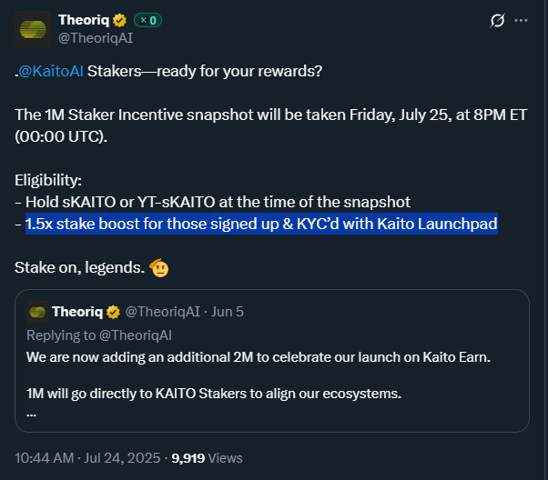I’m ready for the <a href="/TheoriqAI/">Theoriq</a> airdrop!

KAITO stakers are eating good. 1.5x stake boost for those signed up &amp; KYC’d on Kaito Launchpad is HUGE!!!

Got some KAITO I haven’t staked yet...

Will you KYC to claim that boost?