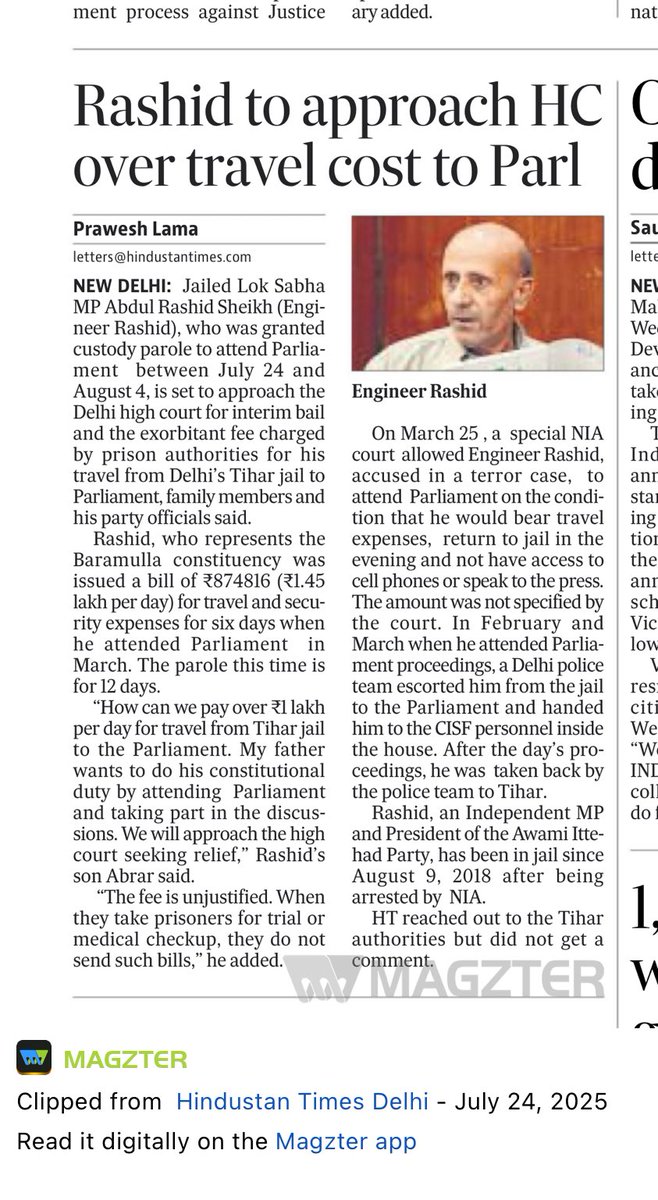 sunetrac's tweet image. Incredible- the govt charges Kashmir MP Engineer Rashid Rs 1.45 lakh per day(!) to attend parliament. CRAZY story by @LamaPrawesh