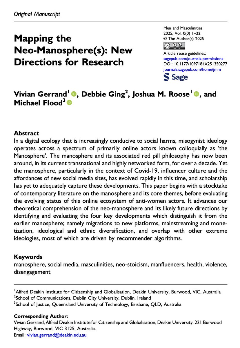 The push from academia for government regulation of "manosphere" content in Australia via eKaren is something to keep an eye on...

"Against this context, the regulation of online platforms must be brought to the fore. Social media ecosystems remain largely unregulated in their