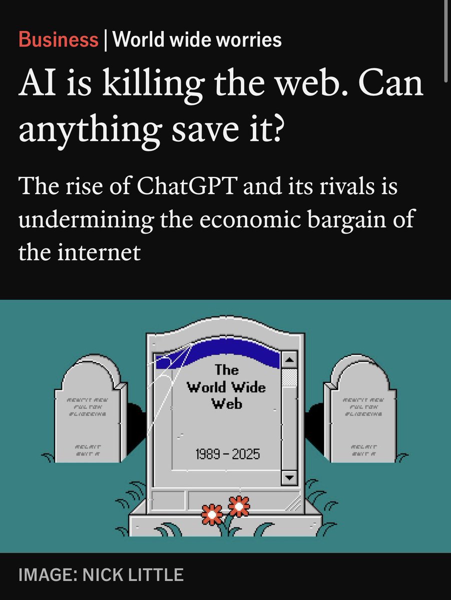 dpna's tweet image. AI is killing the web. Can anything save it? The @TheEconomist reports.
economist.com/business/2025/…
