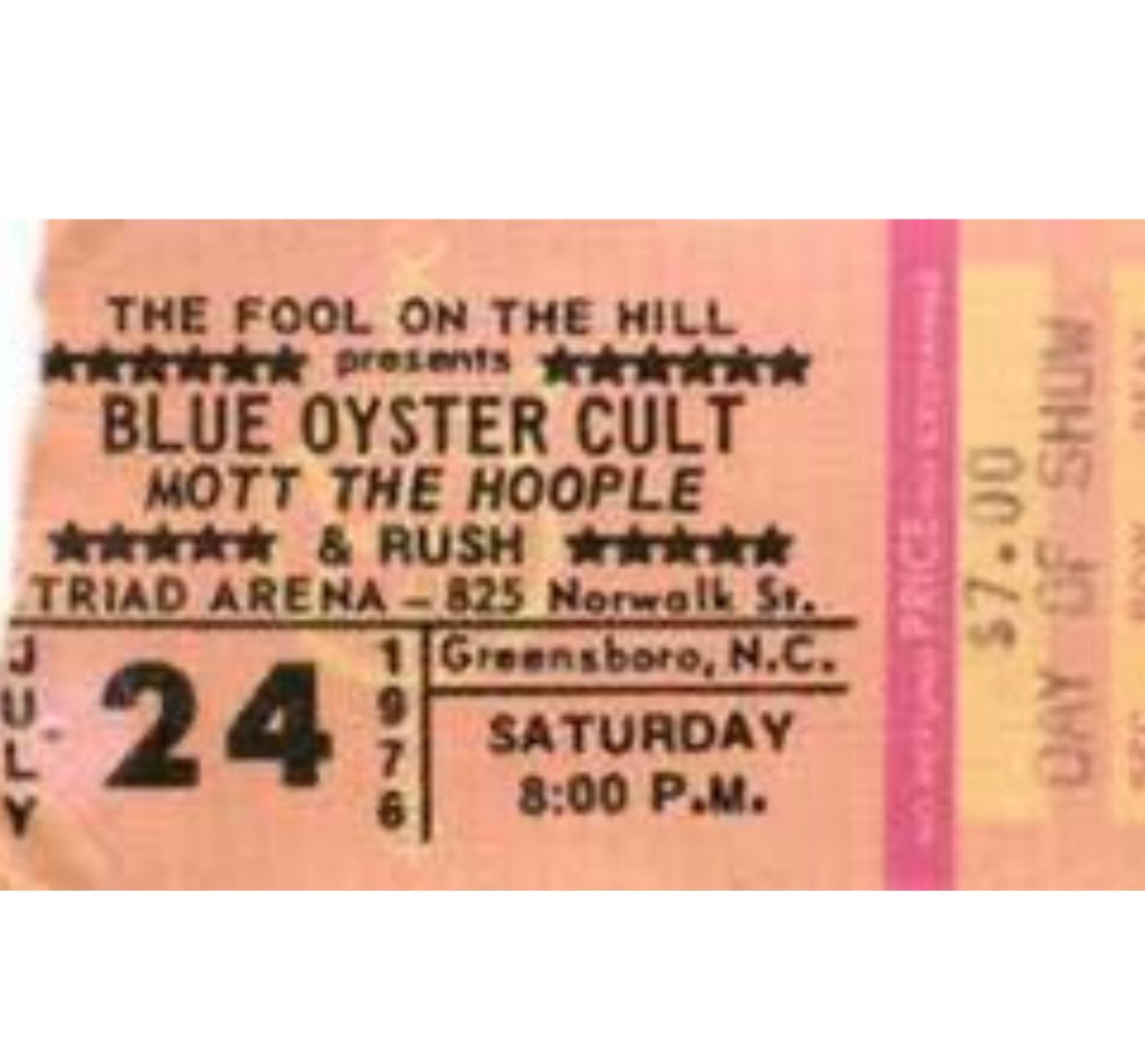 On July 24, 1976, Rush played with Blue Oyster Cult and Mott at the Cumberland County Memorial Arena in Fayetteville, North Carolina for the 2112 tour.