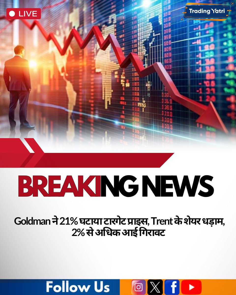 tradingyatri's tweet photo. Trent Share Price: वैश्विक ब्रोकरेज फर्म गोल्डमैन सैक्स ने टाटा ग्रुप की ट्रेंट की रेटिंग डाउनग्रेड की और टारगेट प्राइस 21% घटा दिया तो इसके शेयर धड़ाम से गिर गए। https://t.co/xI5XL6fuW9