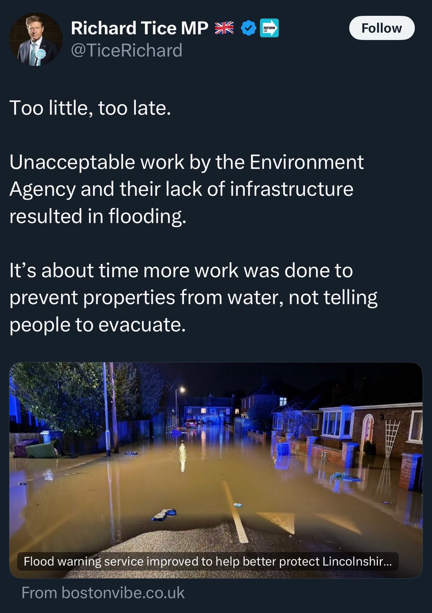 LincsTories's tweet image. One of ReformUK’s first acts was to abolish the countywide flood committee that drew together experience from across the public and private sector.
As we said at the time it was a mistake, time to admit you were wrong and reinstate it.